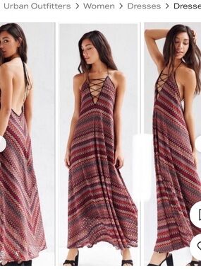 Ecote Striped Chevron Lace-Up Maxi Dress in Red and Pink Tones